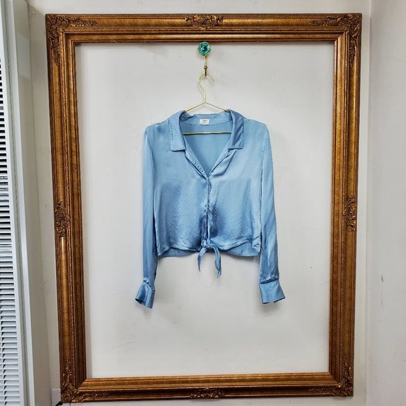 Aritizia Wilfred Silky Blue Long-Sleeve Blouse Tie Front - Picture 1 of 4